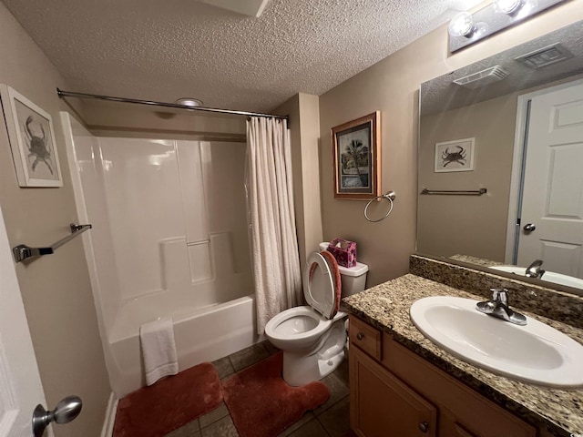 1401 S Ocean Blvd Unit 1307, North Myrtle Beach, SC 29582 - bathroom with vanity, shower / bath combo with shower curtain, a textured ceiling, and tile patterned flooring