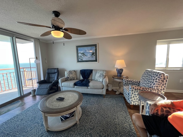 1401 S Ocean Blvd Unit 1307, North Myrtle Beach, SC 29582 - living room with wood finished floors, ornamental molding, ceiling fan, and a textured ceiling