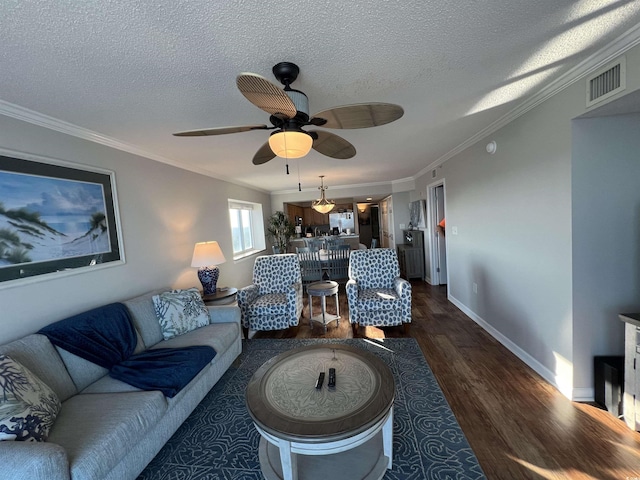 1401 S Ocean Blvd Unit 1307, North Myrtle Beach, SC 29582 - living room with crown molding, dark wood-style floors, a textured ceiling, and a ceiling fan