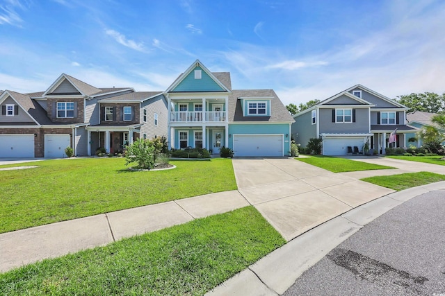 2766 Stellar Loop, Myrtle Beach, SC 29577 - view of front of house with concrete driveway, an attached garage, a front lawn, a balcony, and roof with shingles