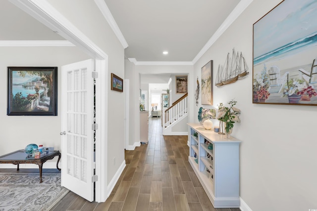 2766 Stellar Loop, Myrtle Beach, SC 29577 - hallway with dark wood-style flooring, stairs, recessed lighting, and ornamental molding