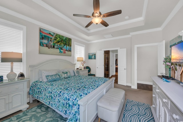 2766 Stellar Loop, Myrtle Beach, SC 29577 - bedroom with a raised ceiling, dark colored carpet, crown molding, and ceiling fan