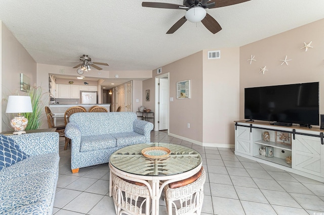 102 N Ocean Blvd Unit 508, North Myrtle Beach, SC 29582 - living room featuring a ceiling fan, light tile patterned floors, and a textured ceiling