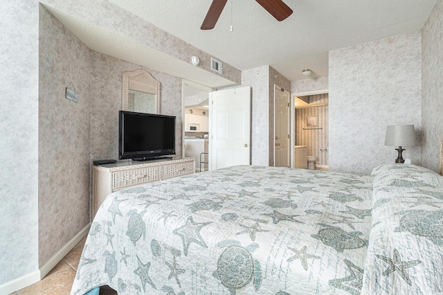 102 N Ocean Blvd Unit 508, North Myrtle Beach, SC 29582 - tiled bedroom with wallpapered walls, a textured ceiling, and ceiling fan