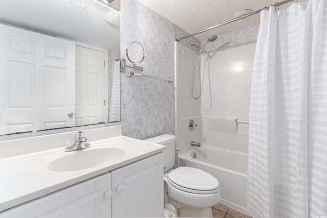 102 N Ocean Blvd Unit 508, North Myrtle Beach, SC 29582 - bathroom featuring a textured ceiling, shower / bathtub combination with curtain, vanity, tile patterned floors, and wallpapered walls
