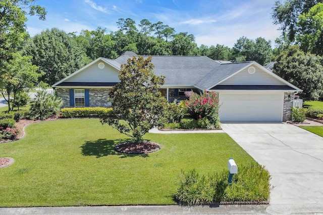 209 Chickasaw Ln, Myrtle Beach, SC 29579 - ranch-style house featuring a garage, a front lawn, stone siding, and driveway