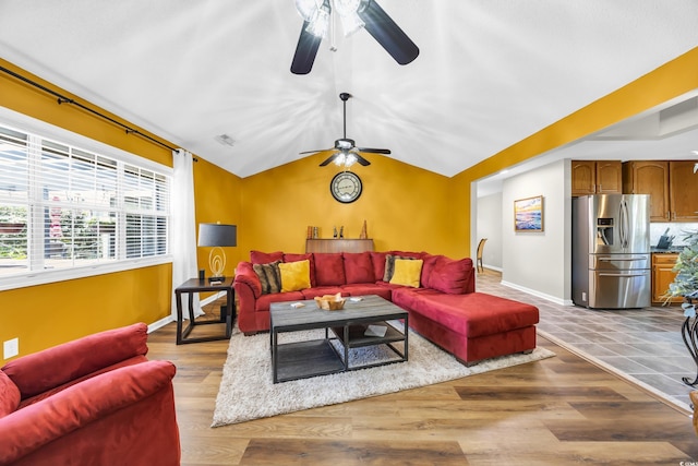 209 Chickasaw Ln, Myrtle Beach, SC 29579 - living area featuring a ceiling fan, vaulted ceiling, and wood finished floors
