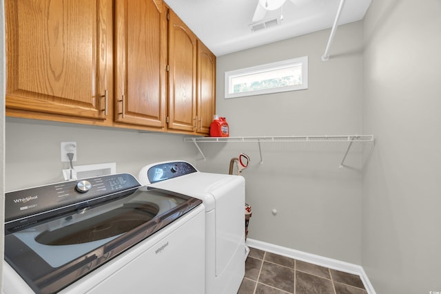 209 Chickasaw Ln, Myrtle Beach, SC 29579 - laundry room featuring cabinet space, washing machine and dryer, dark tile patterned flooring, and ceiling fan