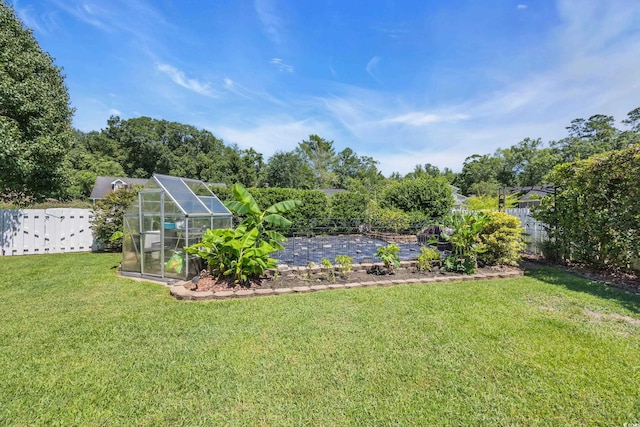 209 Chickasaw Ln, Myrtle Beach, SC 29579 - fenced backyard featuring a greenhouse, an outbuilding, and a garden