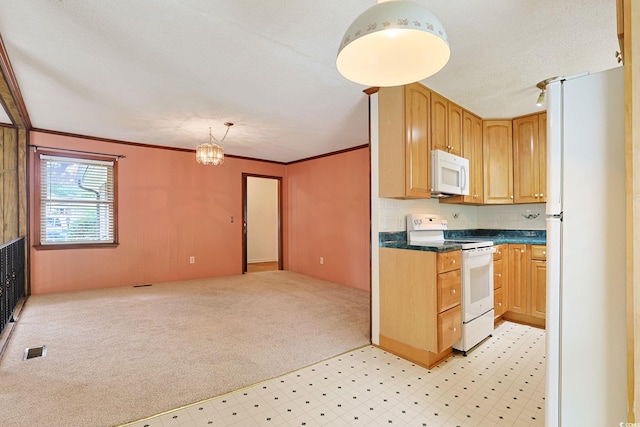 3916 Quail Cir, Myrtle Beach, SC 29579 - kitchen with white appliances, dark countertops, open floor plan, light flooring, and light colored carpet