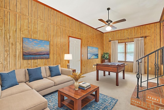 3916 Quail Cir, Myrtle Beach, SC 29579 - living area featuring wood walls, a ceiling fan, crown molding, carpet flooring, and stairway