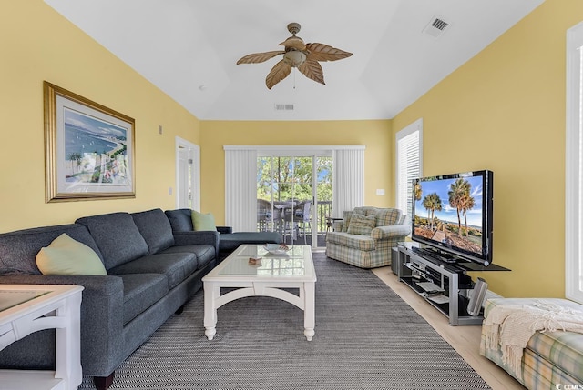 2180 Waterview Dr Unit 647, North Myrtle Beach, SC 29582 - living room featuring ceiling fan, lofted ceiling, and light wood finished floors