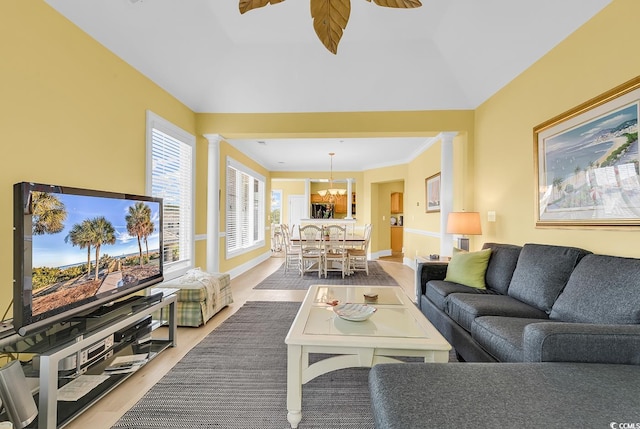 2180 Waterview Dr Unit 647, North Myrtle Beach, SC 29582 - living room with decorative columns and a chandelier