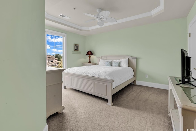 2180 Waterview Dr Unit 647, North Myrtle Beach, SC 29582 - bedroom featuring light colored carpet, a tray ceiling, a ceiling fan, and ornamental molding