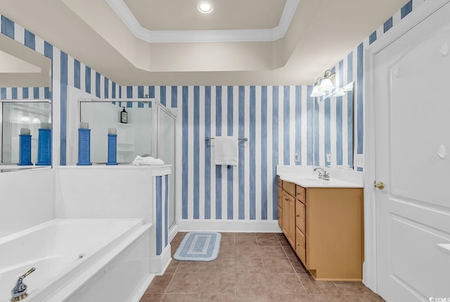 2180 Waterview Dr Unit 647, North Myrtle Beach, SC 29582 - bathroom featuring vanity, a stall shower, a bath, ornamental molding, and wallpapered walls