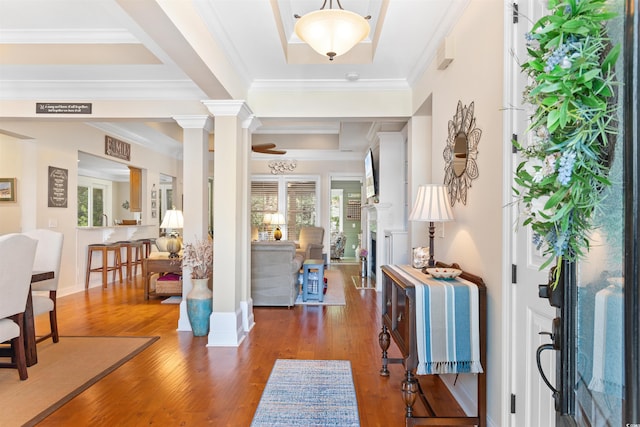 60 Springtime Ct, Murrells Inlet, SC 29576 - foyer featuring ornate columns, wood finished floors, crown molding, and a tray ceiling