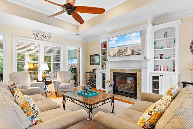 60 Springtime Ct, Murrells Inlet, SC 29576 - living area featuring ceiling fan, ornamental molding, a high end fireplace, and wood finished floors