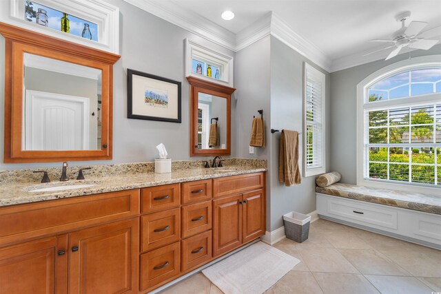 60 Springtime Ct, Murrells Inlet, SC 29576 - full bath featuring double vanity, tile patterned flooring, crown molding, and ceiling fan