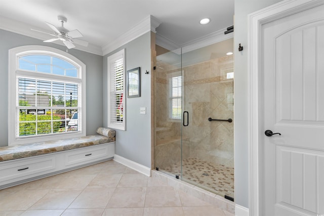 60 Springtime Ct, Murrells Inlet, SC 29576 - bathroom with a stall shower, crown molding, plenty of natural light, a ceiling fan, and tile patterned floors