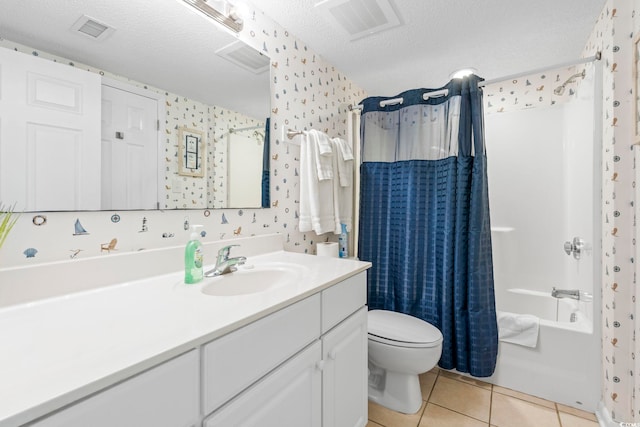 5310 N Ocean Blvd Unit 7C, North Myrtle Beach, SC 29582 - full bathroom featuring wallpapered walls, vanity, shower / tub combo with curtain, a textured ceiling, and tile patterned flooring