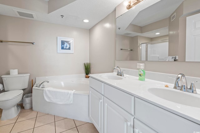 5310 N Ocean Blvd Unit 7C, North Myrtle Beach, SC 29582 - bathroom with double vanity, a garden tub, tile patterned floors, an enclosed shower, and recessed lighting