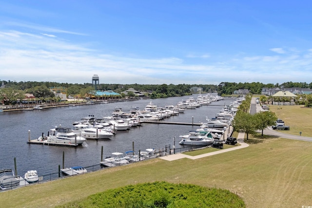 2151 Bridgeview Ct Unit 3-404, North Myrtle Beach, SC 29582 - dock with a water view, view of marina, and a lawn