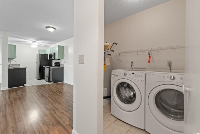 2122 Clearwater Dr Unit C, Surfside Beach, SC 29575 - laundry room with separate washer and dryer, water heater, light wood finished floors, a ceiling fan, and a textured ceiling