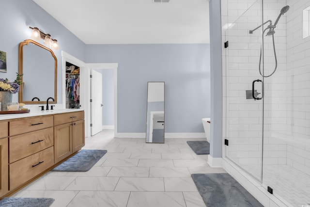 141 Evans Branch Ct, Galivants Ferry, SC 29544 - full bath with a stall shower, vanity, a soaking tub, a walk in closet, and marble look tiles