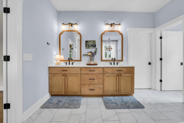 141 Evans Branch Ct, Galivants Ferry, SC 29544 - bathroom featuring double vanity and marble look tiles