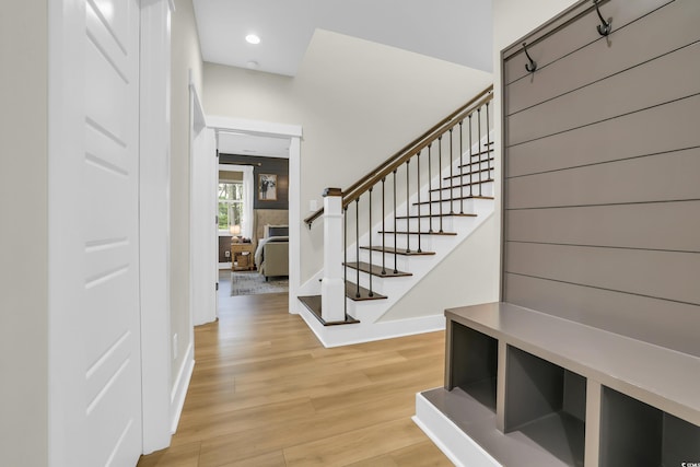 141 Evans Branch Ct, Galivants Ferry, SC 29544 - entrance foyer featuring stairs, light wood-style floors, and recessed lighting