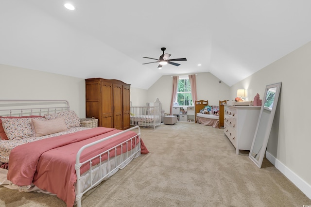 141 Evans Branch Ct, Galivants Ferry, SC 29544 - bedroom with lofted ceiling, light colored carpet, ceiling fan, and recessed lighting