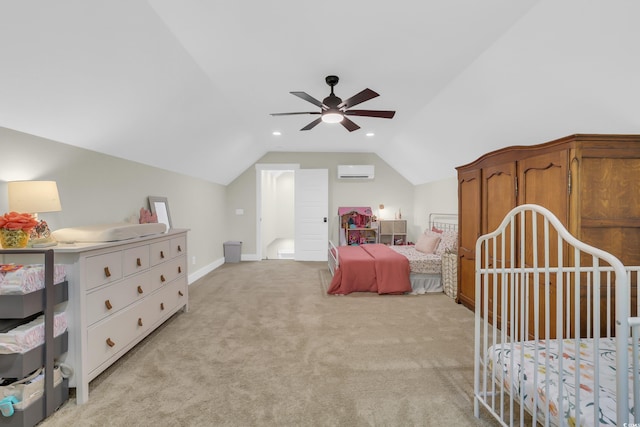 141 Evans Branch Ct, Galivants Ferry, SC 29544 - bedroom with a wall mounted AC, vaulted ceiling, light colored carpet, and ceiling fan