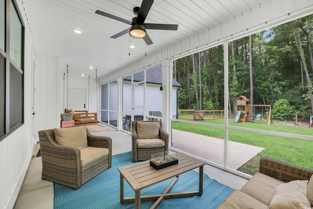 141 Evans Branch Ct, Galivants Ferry, SC 29544 - sunroom featuring outdoor lounge area, ceiling fan, and healthy amount of natural light