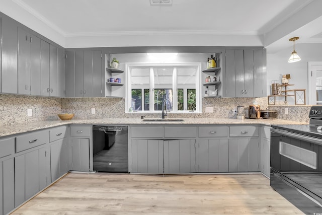 231 Live Oak Ln, Myrtle Beach, SC 29572 - kitchen featuring black appliances, open shelves, gray cabinetry, decorative backsplash, and ornamental molding