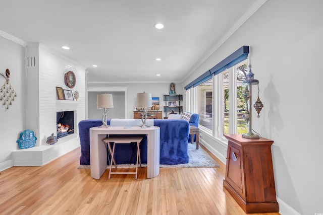 231 Live Oak Ln, Myrtle Beach, SC 29572 - living room with wood finished floors, a brick fireplace, recessed lighting, and ornamental molding
