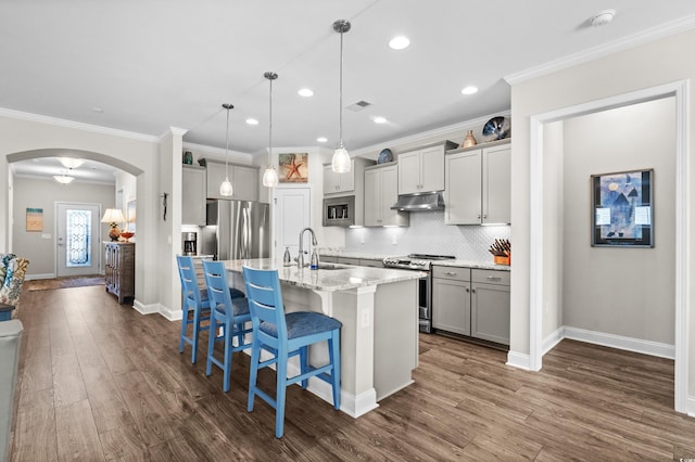 6550 Anterselva Dr, Myrtle Beach, SC 29572 - kitchen with appliances with stainless steel finishes, under cabinet range hood, arched walkways, dark wood finished floors, and a kitchen breakfast bar