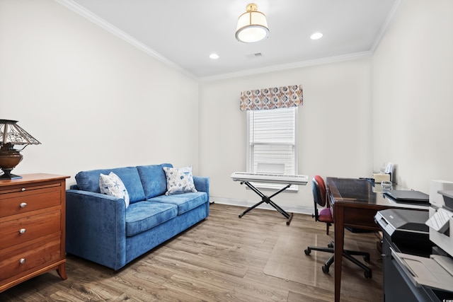 6550 Anterselva Dr, Myrtle Beach, SC 29572 - office with crown molding, wood finished floors, and recessed lighting