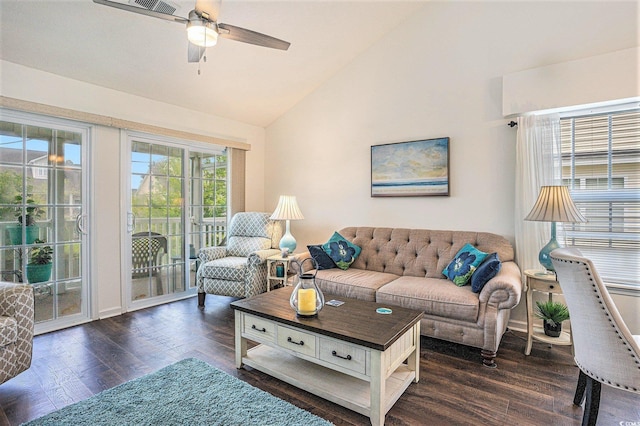 4925 Pond Shoals Ct Unit 202, Myrtle Beach, SC 29579 - living area featuring lofted ceiling, dark wood-style floors, and a ceiling fan
