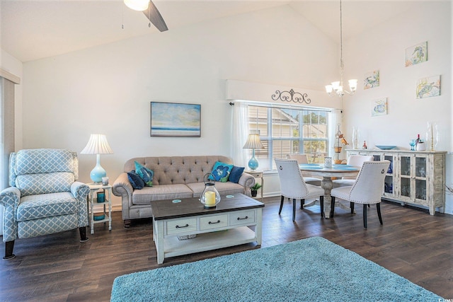 4925 Pond Shoals Ct Unit 202, Myrtle Beach, SC 29579 - living room with a chandelier, dark wood finished floors, a ceiling fan, and high vaulted ceiling