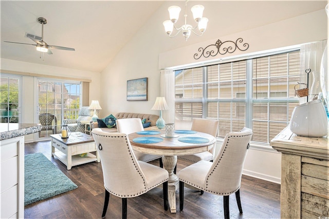 4925 Pond Shoals Ct Unit 202, Myrtle Beach, SC 29579 - dining area with a chandelier, ceiling fan, dark wood-style floors, and high vaulted ceiling