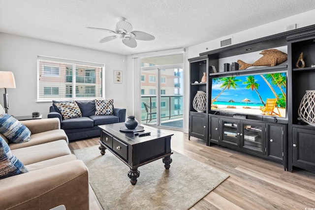 2001 S Ocean Blvd Unit 901, North Myrtle Beach, SC 29582 - living area featuring light wood-type flooring, a ceiling fan, and a textured ceiling
