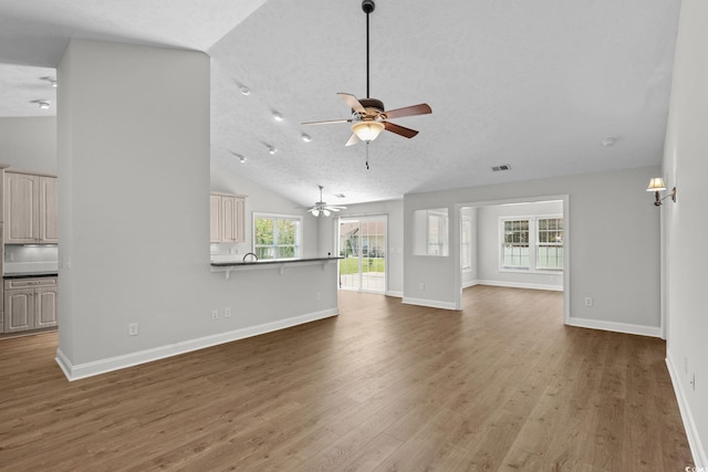 3845 Camden Dr, Myrtle Beach, SC 29588 - unfurnished living room with ceiling fan, wood finished floors, and vaulted ceiling