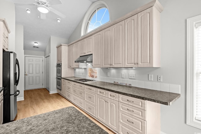 3845 Camden Dr, Myrtle Beach, SC 29588 - kitchen with appliances with stainless steel finishes, ventilation hood, dark countertops, a ceiling fan, and light wood finished floors
