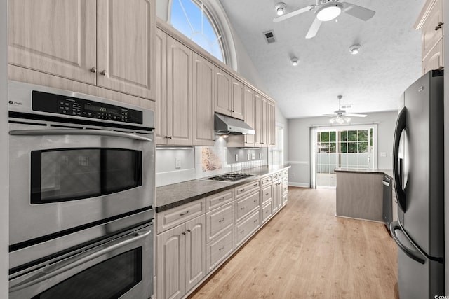 3845 Camden Dr, Myrtle Beach, SC 29588 - kitchen featuring stainless steel appliances, ceiling fan, under cabinet range hood, light wood-style floors, and vaulted ceiling