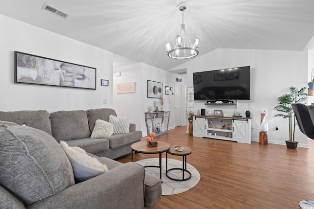 805 Spyderco Rd, Conway, SC 29527 - living room with a chandelier, wood finished floors, and lofted ceiling