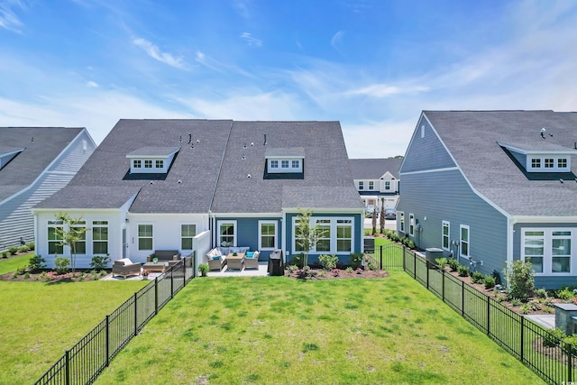 8906 Freya Way Unit 24A, Longs, SC 29568 - rear view of house featuring an outdoor hangout area, a fenced backyard, and a shingled roof