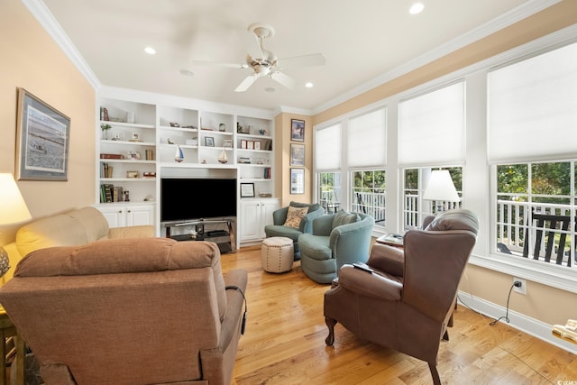 3085 Luvan Blvd, Georgetown, SC 29440 - living room featuring ornamental molding, ceiling fan, light wood-type flooring, and recessed lighting