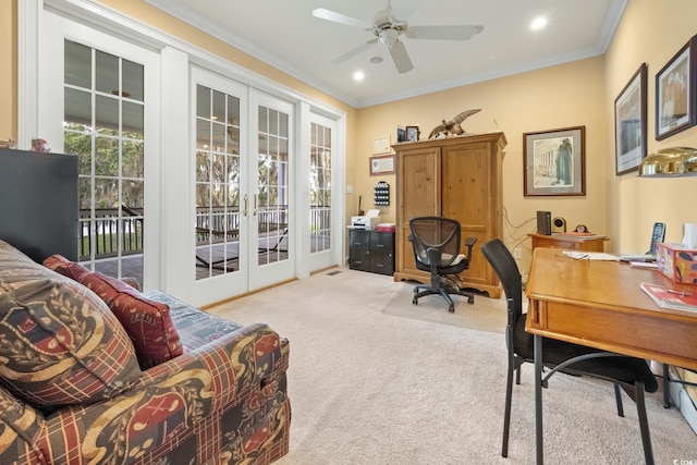 3085 Luvan Blvd, Georgetown, SC 29440 - carpeted home office with french doors, crown molding, a ceiling fan, and recessed lighting