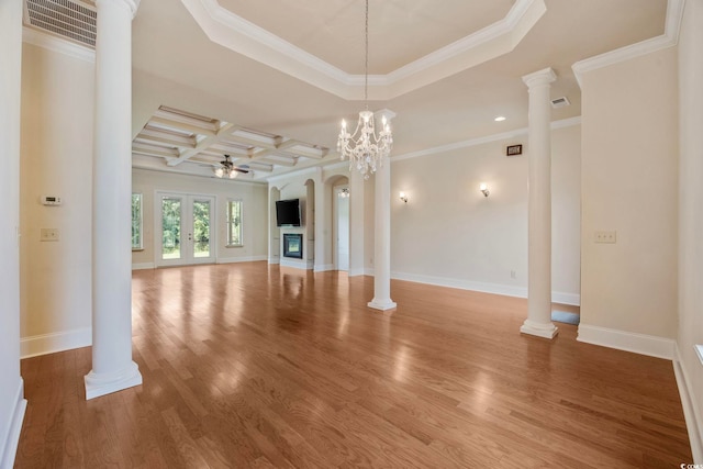 8444 Juxa Dr, Myrtle Beach, SC 29579 - unfurnished living room with a ceiling fan, wood finished floors, coffered ceiling, beamed ceiling, and crown molding