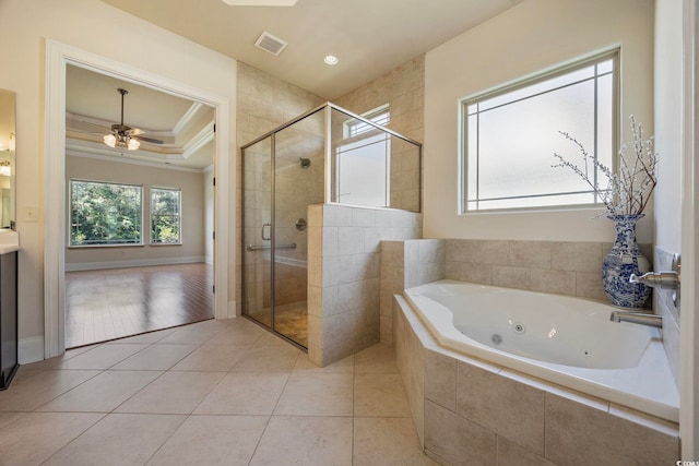 8444 Juxa Dr, Myrtle Beach, SC 29579 - full bath featuring ornamental molding, a jetted tub, a stall shower, tile patterned floors, and ceiling fan